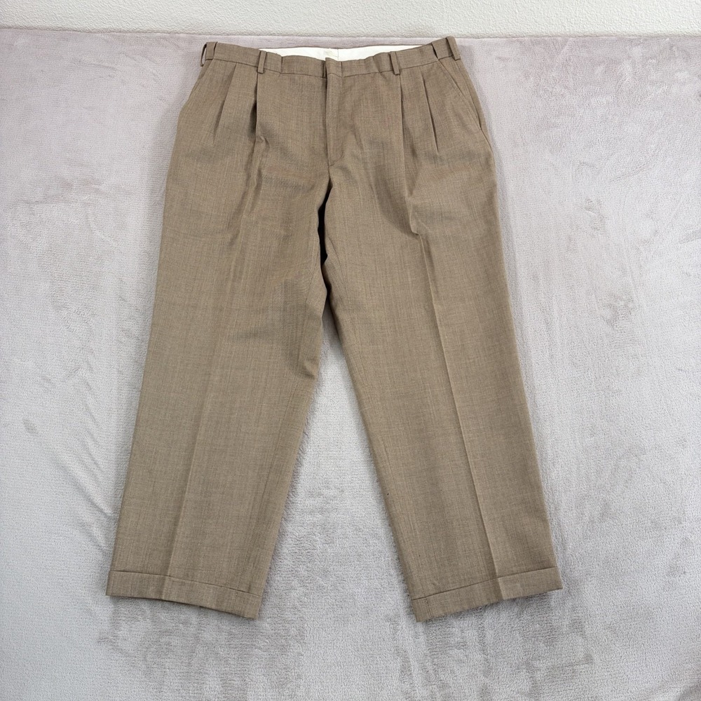 Vintage Lands End Pleated Cuffed Pants Trousers Men 38x29 Brown Wool 90s 80s